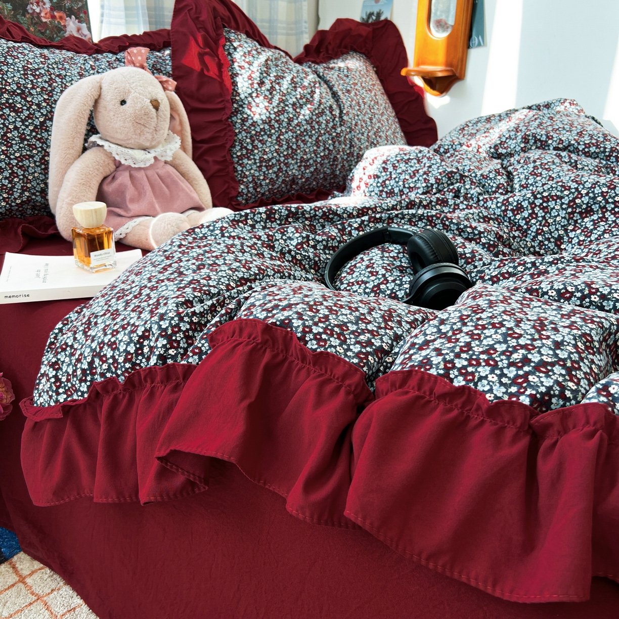 91家纺网 家纺一手货源 找家纺 花伞家居 2026新款韩系复古碎花古法水洗棉大花边四件套含买家秀 兰絮语-红