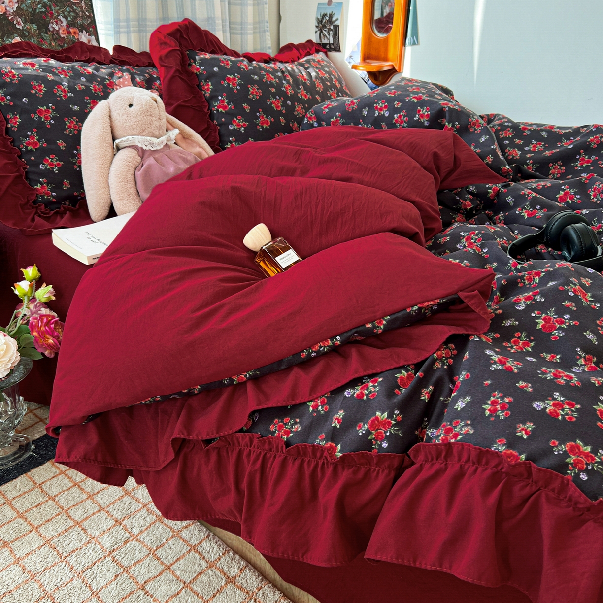 91家纺网 家纺一手货源 找家纺 花伞家居 2026新款韩系复古碎花古法水洗棉大花边四件套含买家秀 霓裳-红