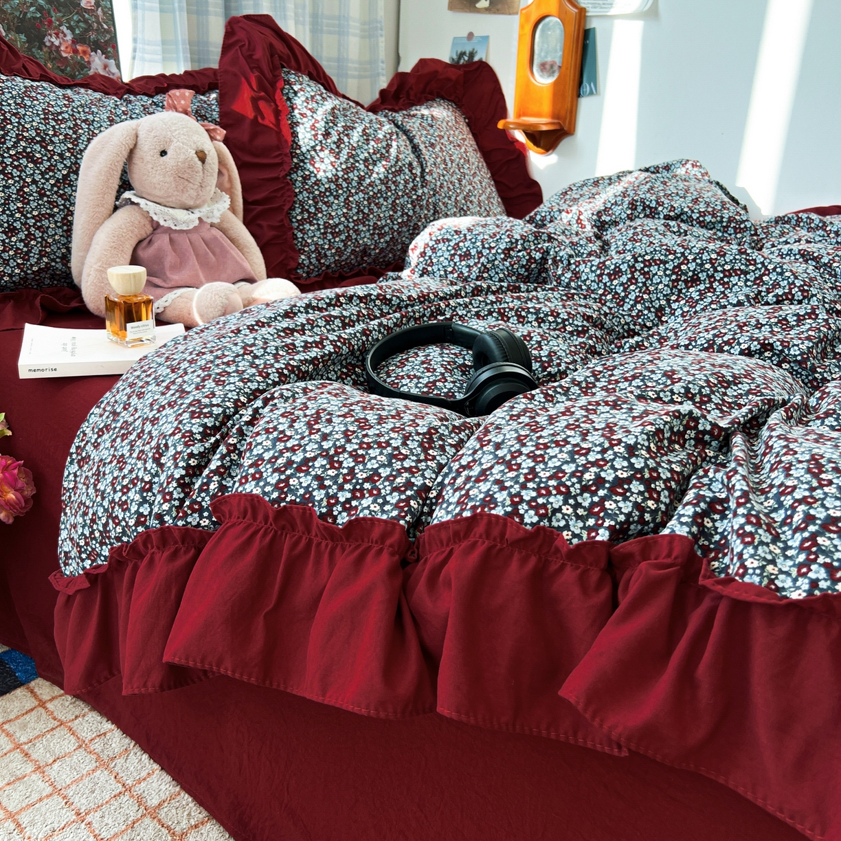 91家纺网 家纺一手货源 找家纺 花伞家居 2026新款韩系复古碎花古法水洗棉大花边四件套含买家秀 兰絮语-红