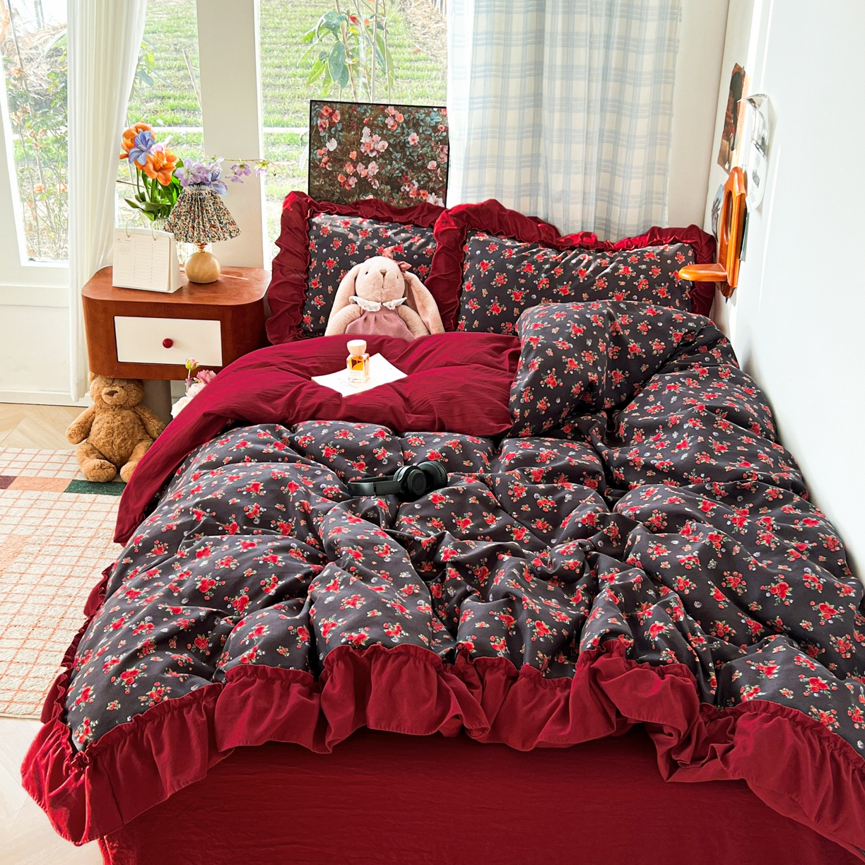 花伞家居 2026新款韩系复古碎花古法水洗棉大花边四件套含买家秀 霓裳-红