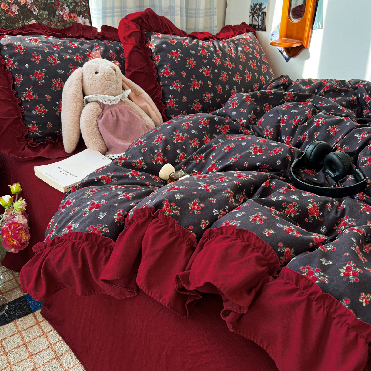 91家纺网 家纺一手货源 找家纺 花伞家居 2026新款韩系复古碎花古法水洗棉大花边四件套含买家秀 霓裳-红