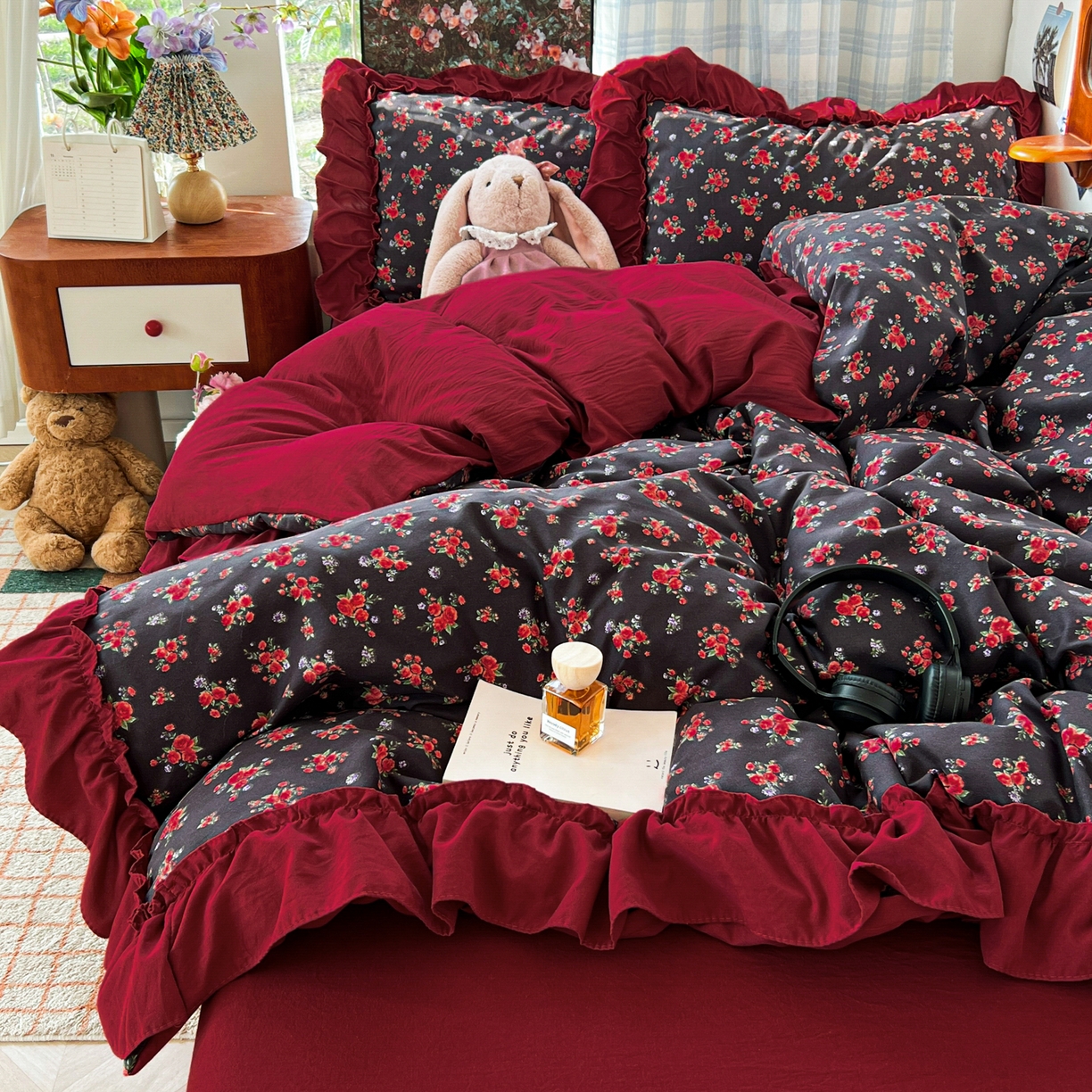 91家纺网 家纺一手货源 找家纺 花伞家居 2026新款韩系复古碎花古法水洗棉大花边四件套含买家秀 霓裳-红