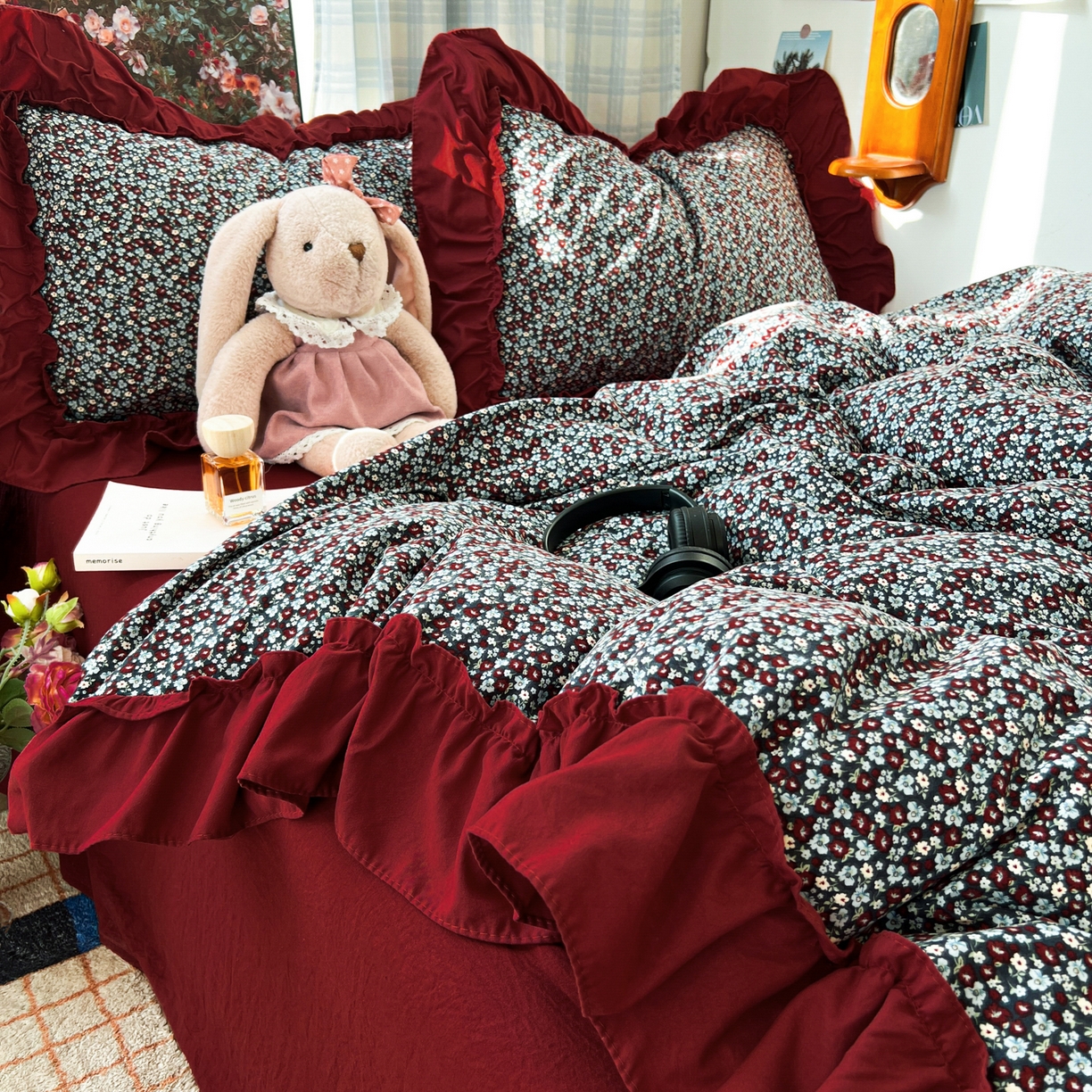 91家纺网 家纺一手货源 找家纺 花伞家居 2026新款韩系复古碎花古法水洗棉大花边四件套含买家秀 兰絮语-红