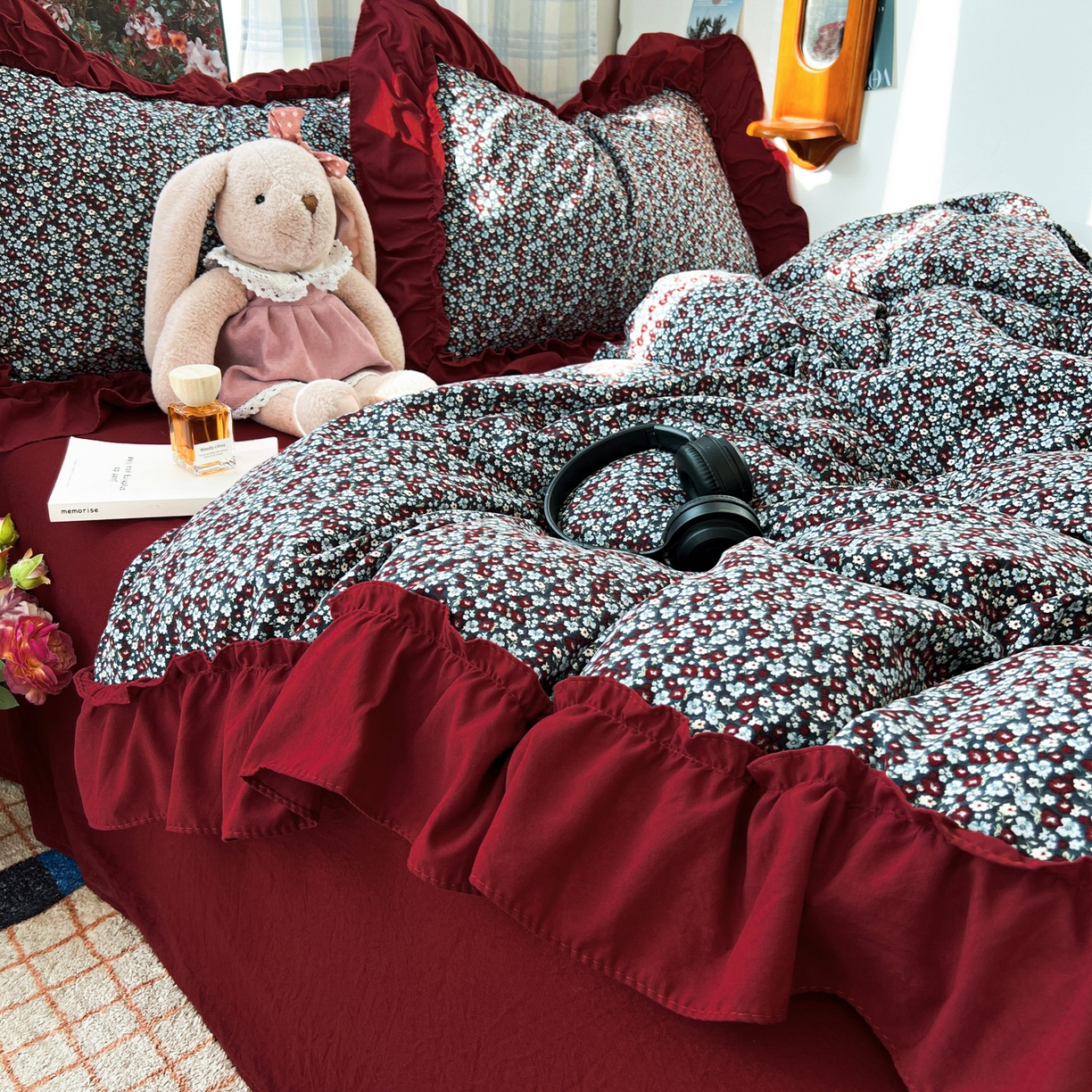 91家纺网 家纺一手货源 找家纺 花伞家居 2026新款韩系复古碎花古法水洗棉大花边四件套含买家秀 兰絮语-红