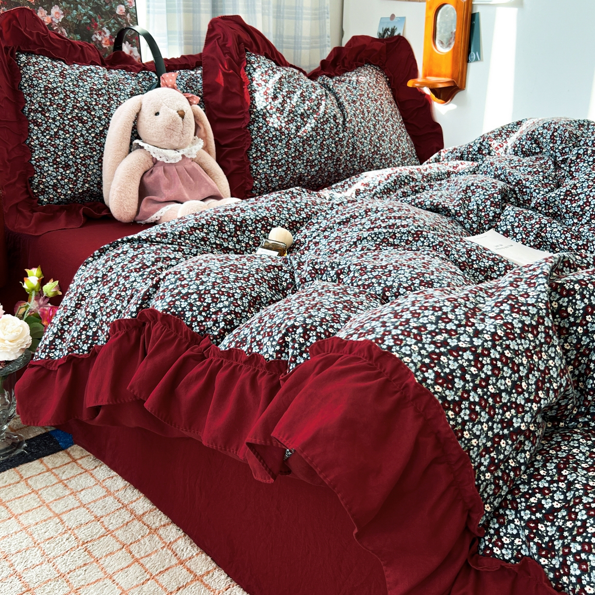 91家纺网 家纺一手货源 找家纺 花伞家居 2026新款韩系复古碎花古法水洗棉大花边四件套含买家秀 兰絮语-红