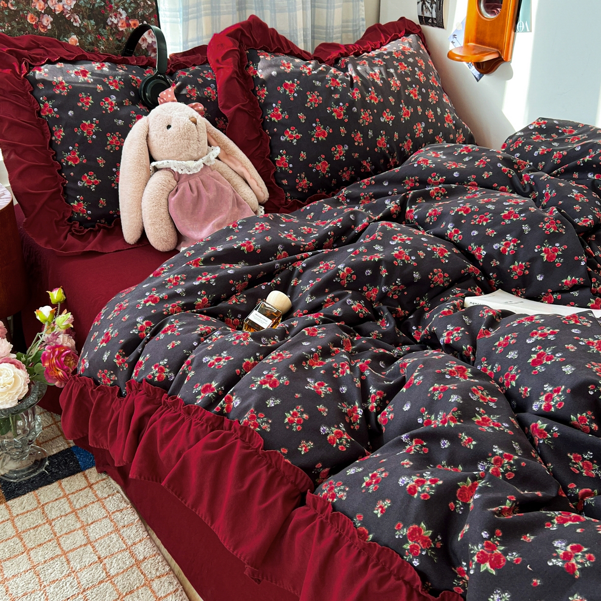 91家纺网 家纺一手货源 找家纺 花伞家居 2026新款韩系复古碎花古法水洗棉大花边四件套含买家秀 霓裳-红