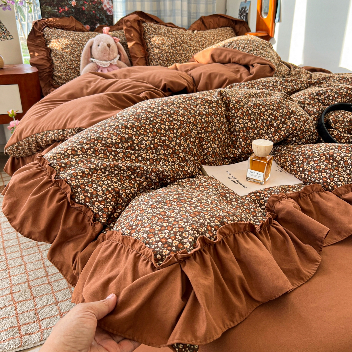 91家纺网 家纺一手货源 找家纺 花伞家居 2026新款韩系复古碎花古法水洗棉大花边四件套含买家秀 兰絮语-咖