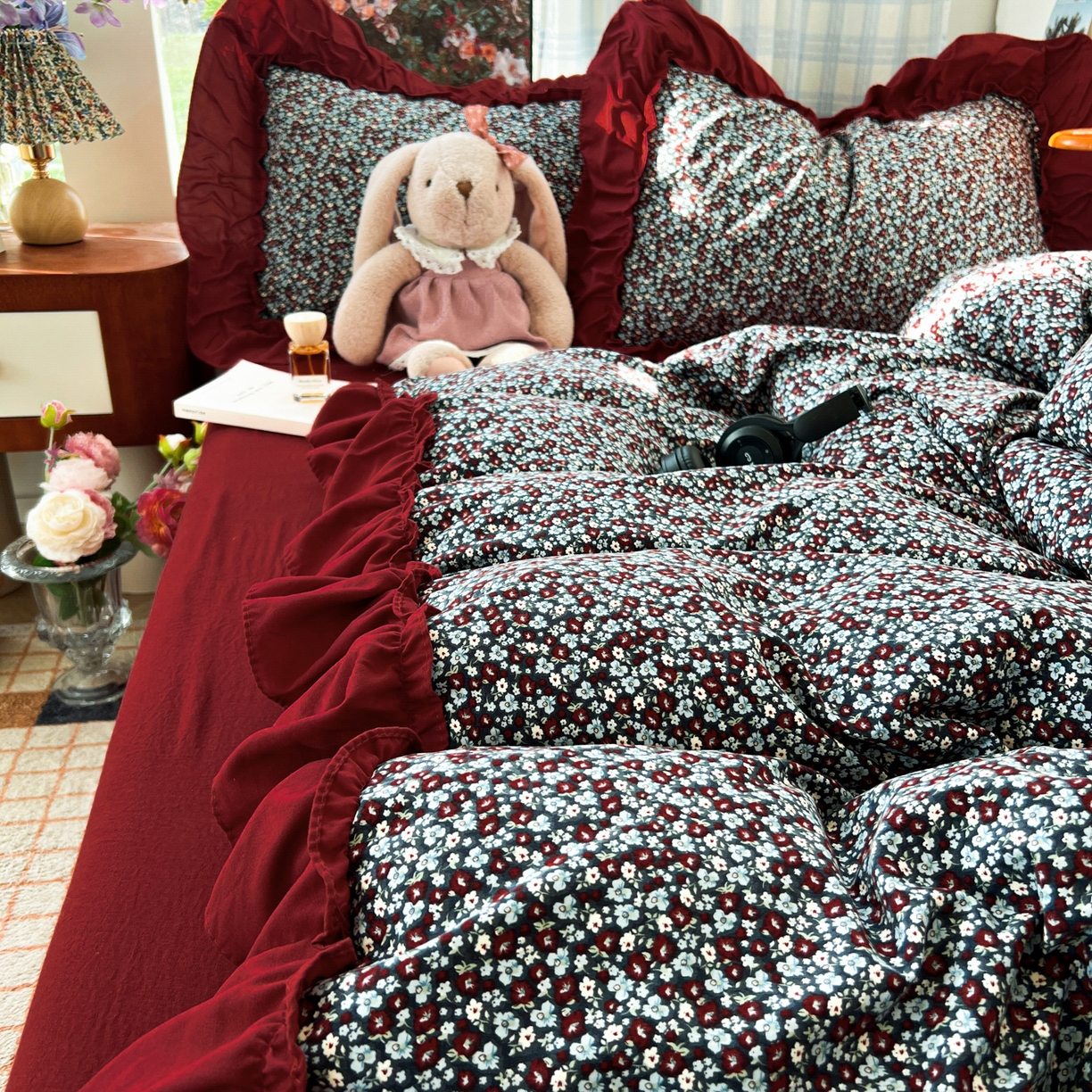 91家纺网 家纺一手货源 找家纺 花伞家居 2026新款韩系复古碎花古法水洗棉大花边四件套含买家秀 兰絮语-红