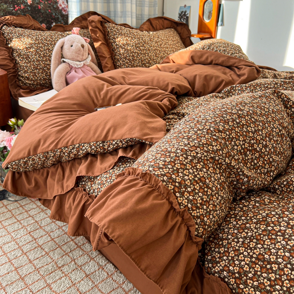 91家纺网 家纺一手货源 找家纺 花伞家居 2026新款韩系复古碎花古法水洗棉大花边四件套含买家秀 兰絮语-咖