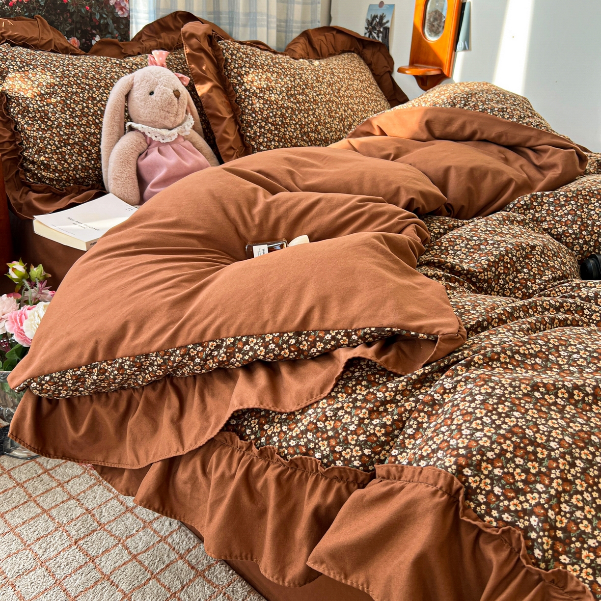 91家纺网 家纺一手货源 找家纺 花伞家居 2026新款韩系复古碎花古法水洗棉大花边四件套含买家秀 兰絮语-咖