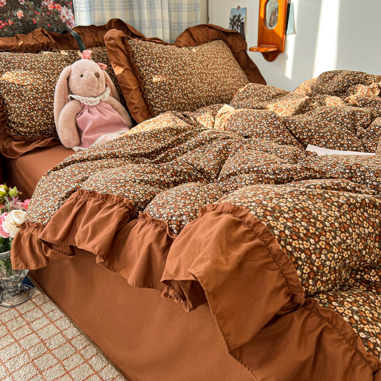 91家纺网 家纺一手货源 找家纺 花伞家居 2026新款韩系复古碎花古法水洗棉大花边四件套含买家秀 兰絮语-咖