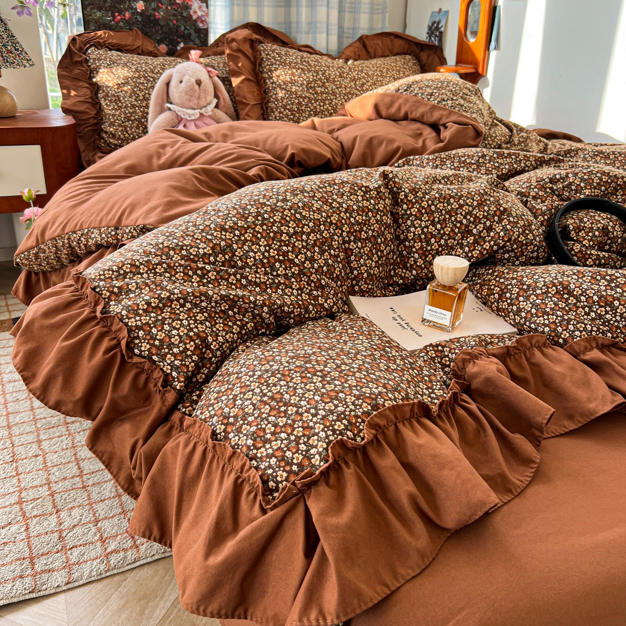 91家纺网 家纺一手货源 找家纺 花伞家居 2026新款韩系复古碎花古法水洗棉大花边四件套含买家秀 兰絮语-咖