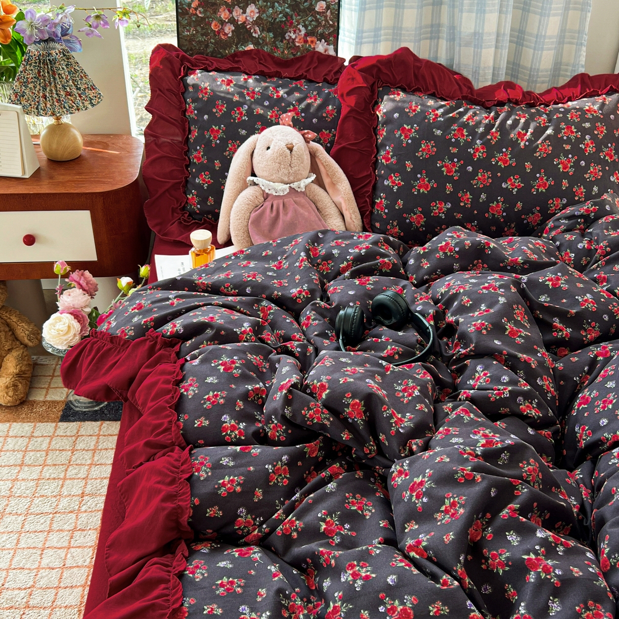 91家纺网 家纺一手货源 找家纺 花伞家居 2026新款韩系复古碎花古法水洗棉大花边四件套含买家秀 霓裳-红