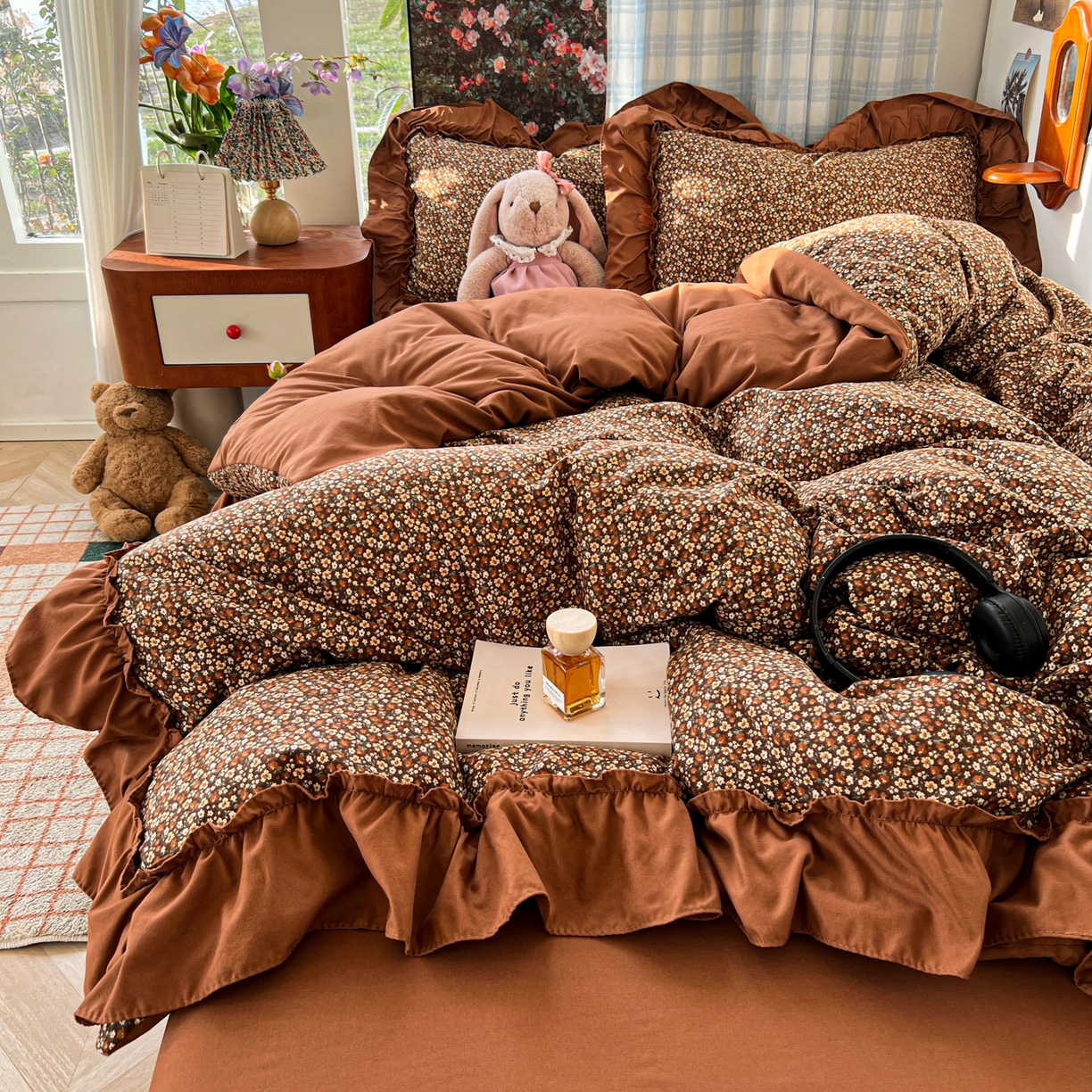 91家纺网 家纺一手货源 找家纺 花伞家居 2026新款韩系复古碎花古法水洗棉大花边四件套含买家秀 兰絮语-咖