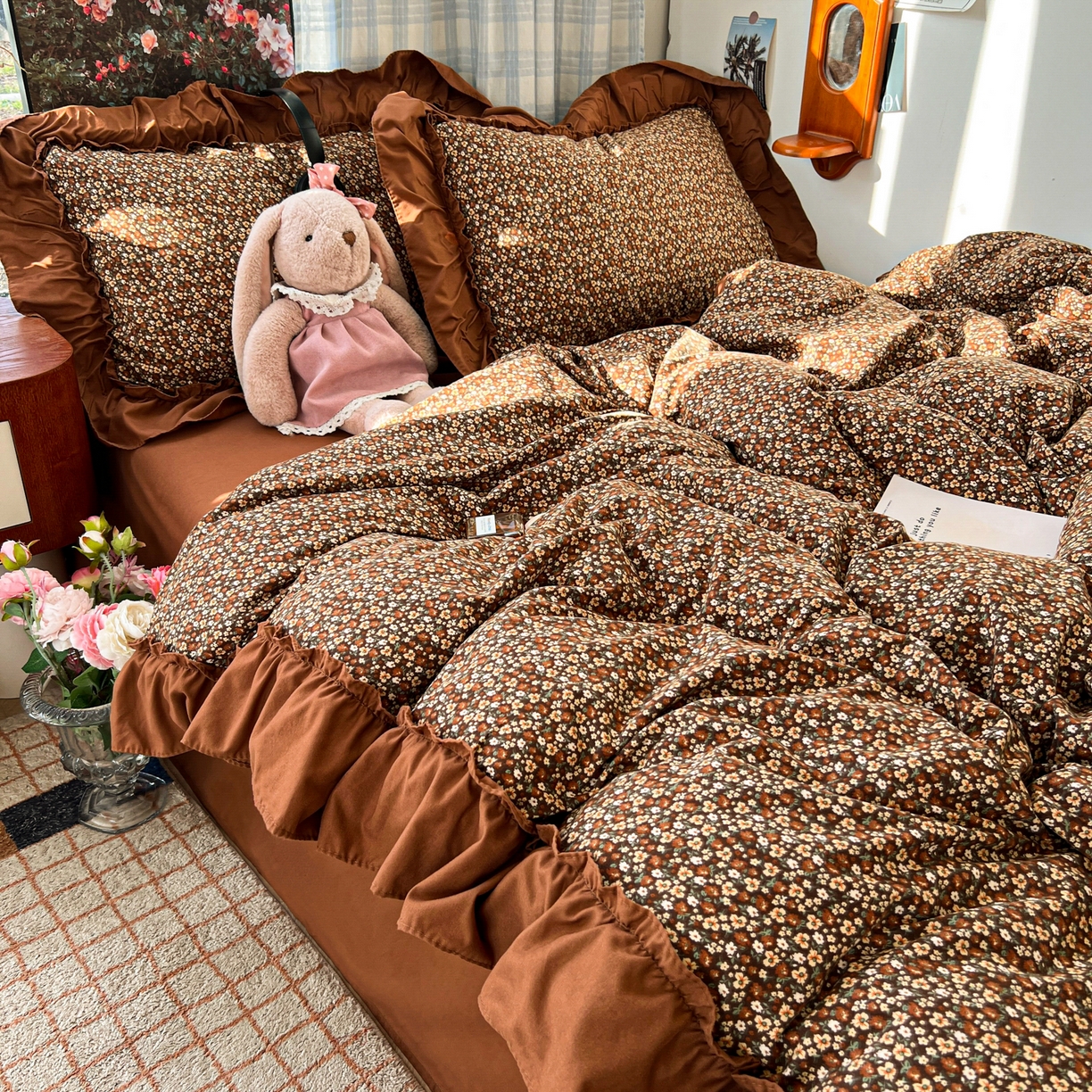 91家纺网 家纺一手货源 找家纺 花伞家居 2026新款韩系复古碎花古法水洗棉大花边四件套含买家秀 兰絮语-咖