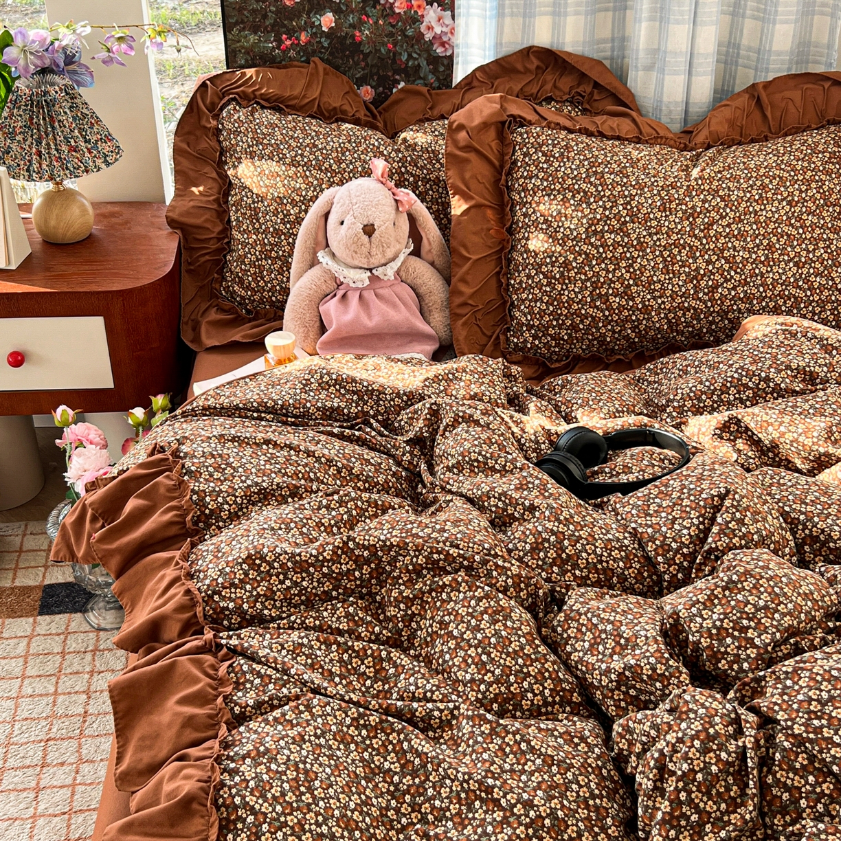 91家纺网 家纺一手货源 找家纺 花伞家居 2026新款韩系复古碎花古法水洗棉大花边四件套含买家秀 兰絮语-咖