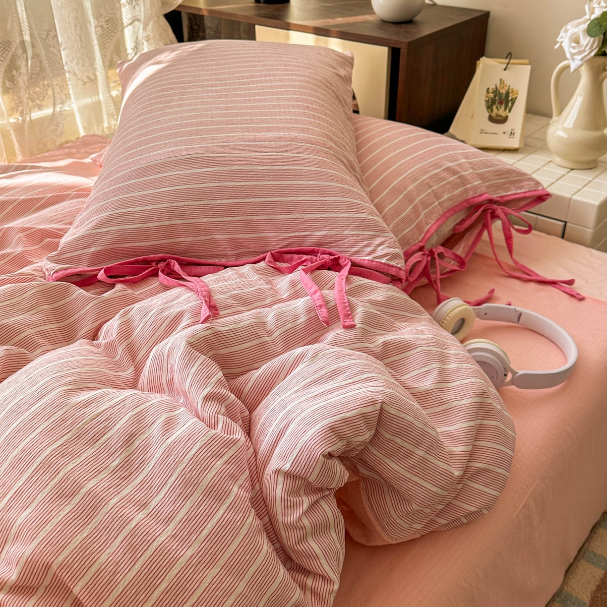 91家纺网 家纺一手货源 找家纺 （总）花伞家居 2026新款小红书系带蝴蝶结双层纱四件套含买家秀