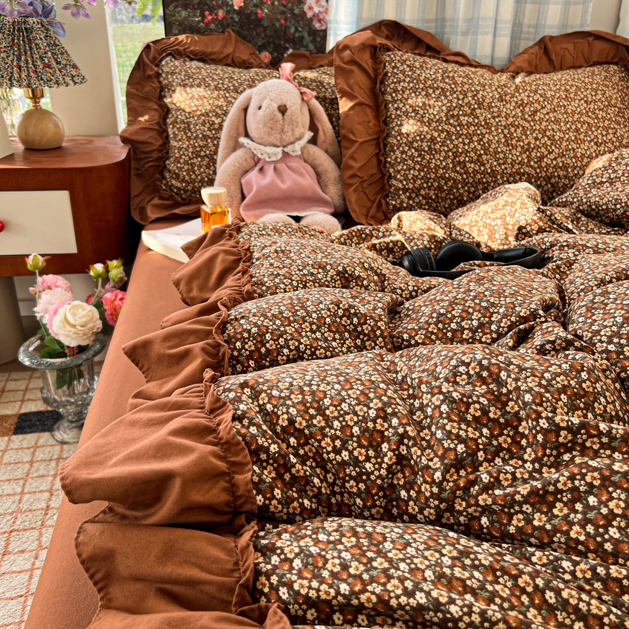 91家纺网 家纺一手货源 找家纺 花伞家居 2026新款韩系复古碎花古法水洗棉大花边四件套含买家秀 兰絮语-咖