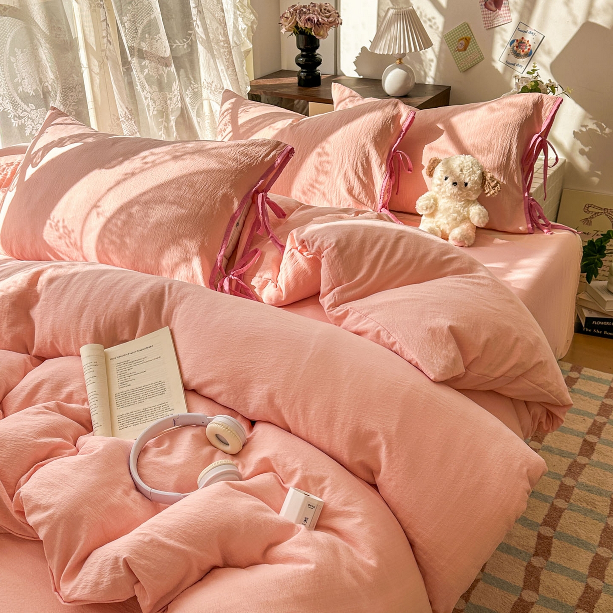 91家纺网 家纺一手货源 找家纺 花伞家居 2026新款小红书系带蝴蝶结双层纱四件套含买家秀 软果酱-玉