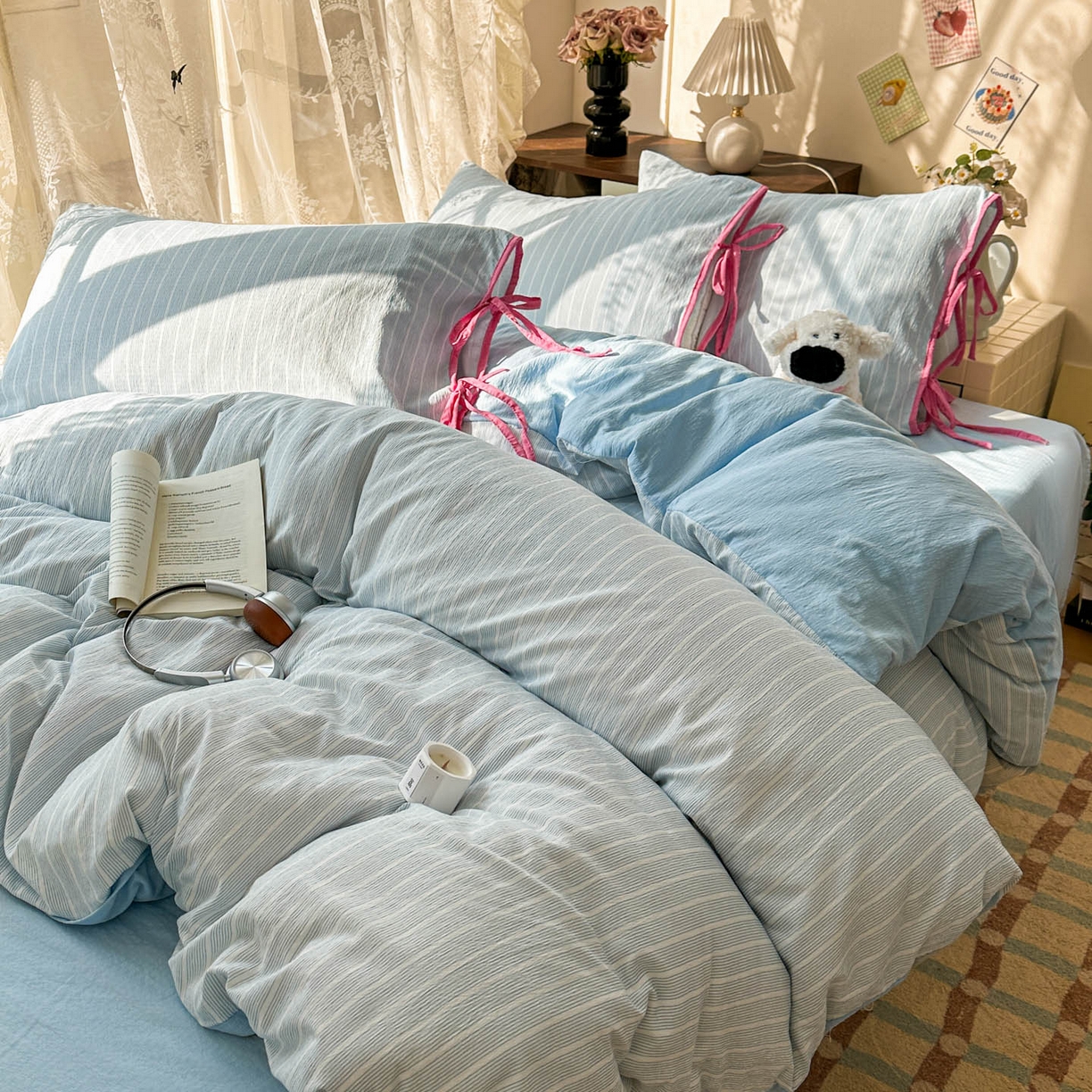 91家纺网 家纺一手货源 找家纺 花伞家居 2026新款小红书系带蝴蝶结双层纱四件套含买家秀 软果酱-蓝条纹