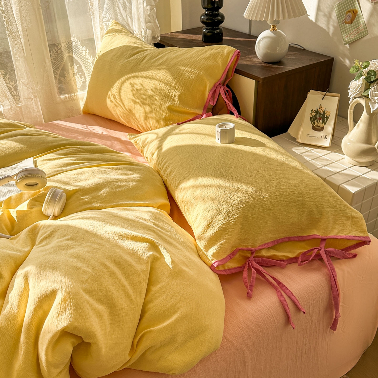 91家纺网 家纺一手货源 找家纺 花伞家居 2026新款小红书系带蝴蝶结双层纱四件套含买家秀 软果酱-茉莉黄玉