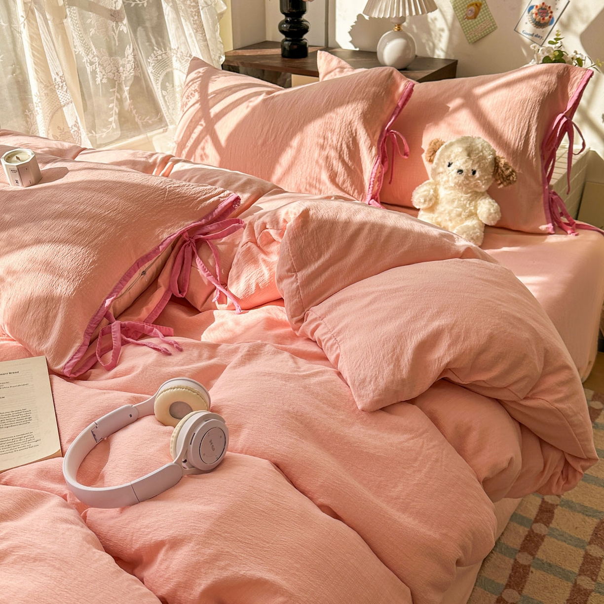 91家纺网 家纺一手货源 找家纺 花伞家居 2026新款小红书系带蝴蝶结双层纱四件套含买家秀 软果酱-玉