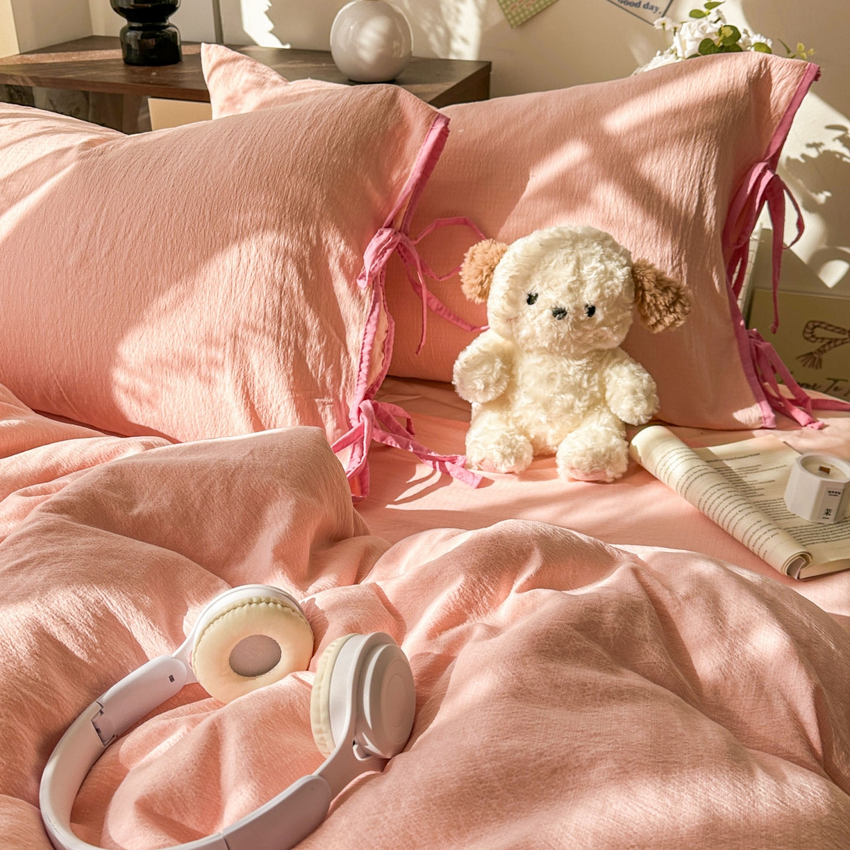 91家纺网 家纺一手货源 找家纺 花伞家居 2026新款小红书系带蝴蝶结双层纱四件套含买家秀 软果酱-玉