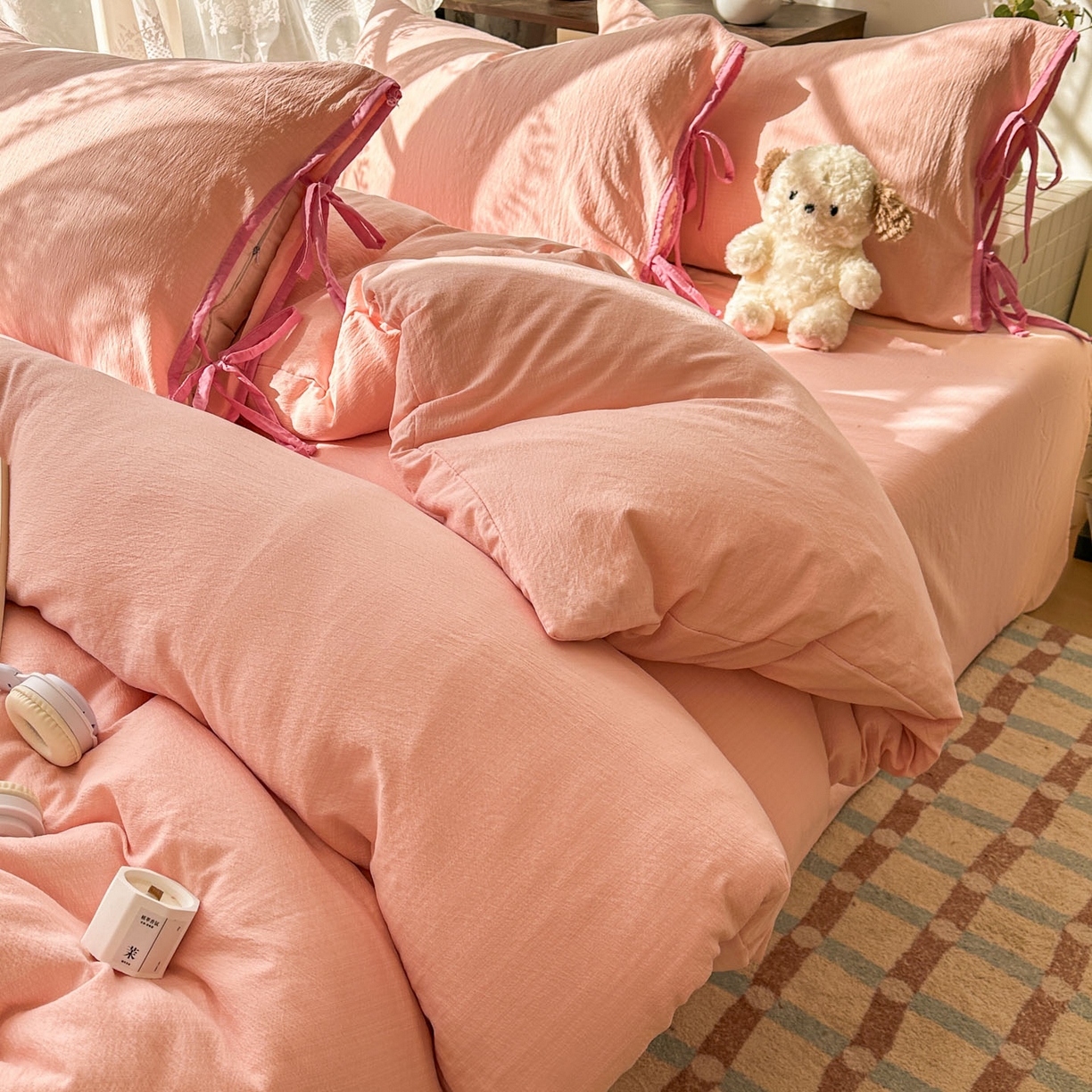 91家纺网 家纺一手货源 找家纺 花伞家居 2026新款小红书系带蝴蝶结双层纱四件套含买家秀 软果酱-玉