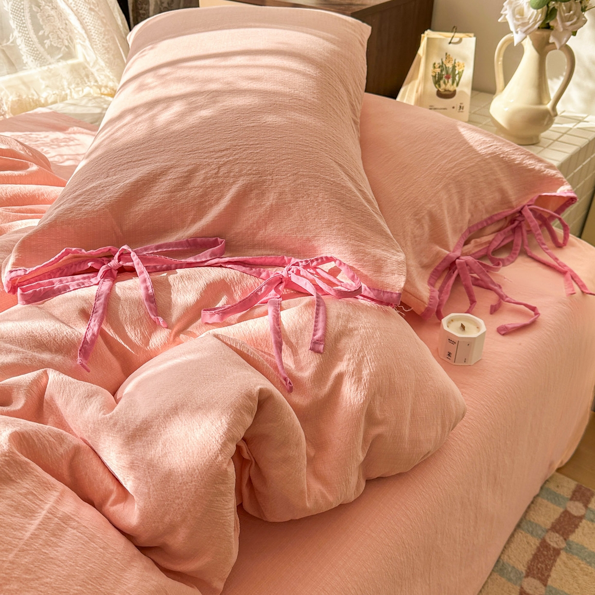 91家纺网 家纺一手货源 找家纺 花伞家居 2026新款小红书系带蝴蝶结双层纱四件套含买家秀 软果酱-玉