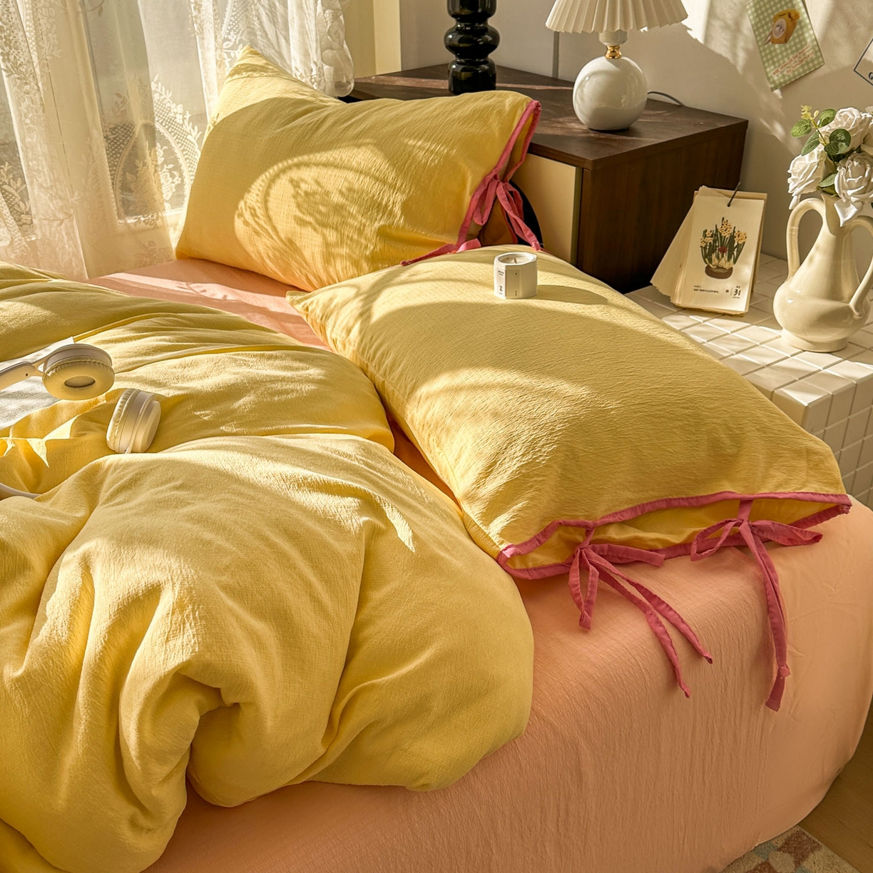 91家纺网 家纺一手货源 找家纺 花伞家居 2026新款小红书系带蝴蝶结双层纱四件套含买家秀 软果酱-茉莉黄玉