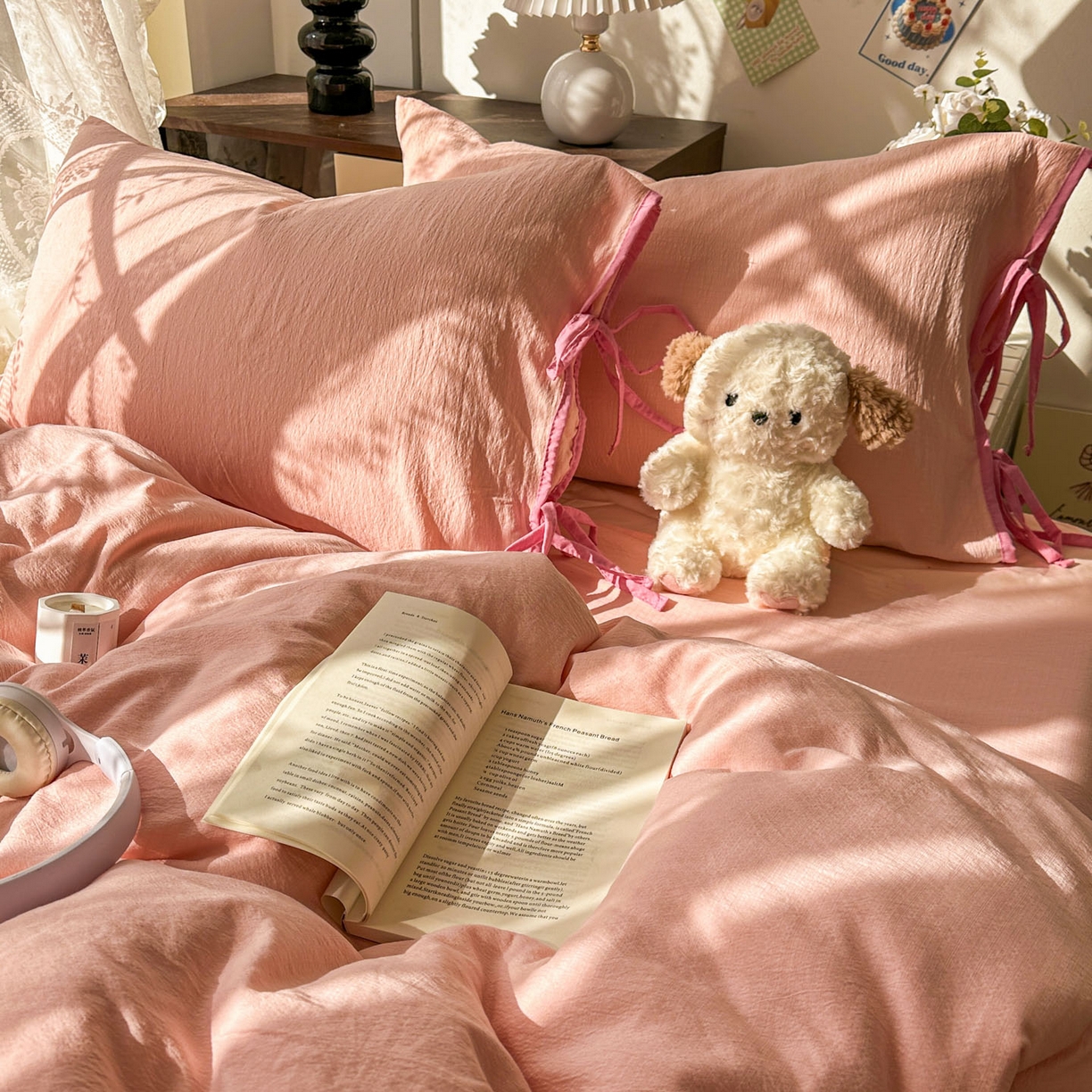 91家纺网 家纺一手货源 找家纺 花伞家居 2026新款小红书系带蝴蝶结双层纱四件套含买家秀 软果酱-玉