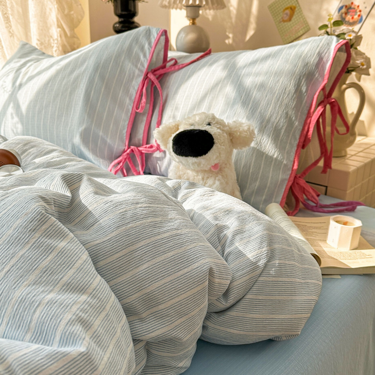 91家纺网 家纺一手货源 找家纺 花伞家居 2026新款小红书系带蝴蝶结双层纱四件套含买家秀 软果酱-蓝条纹