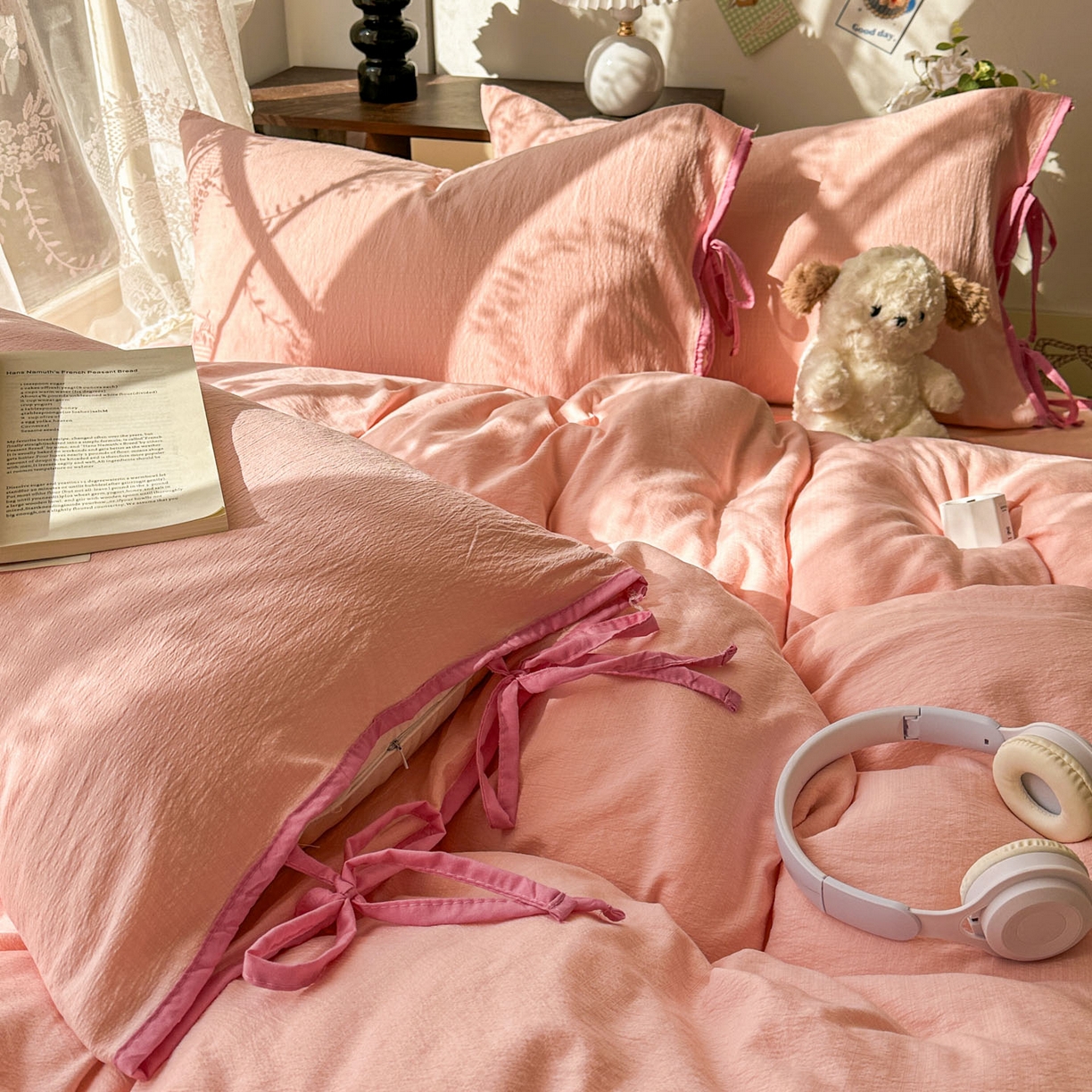 91家纺网 家纺一手货源 找家纺 花伞家居 2026新款小红书系带蝴蝶结双层纱四件套含买家秀 软果酱-玉