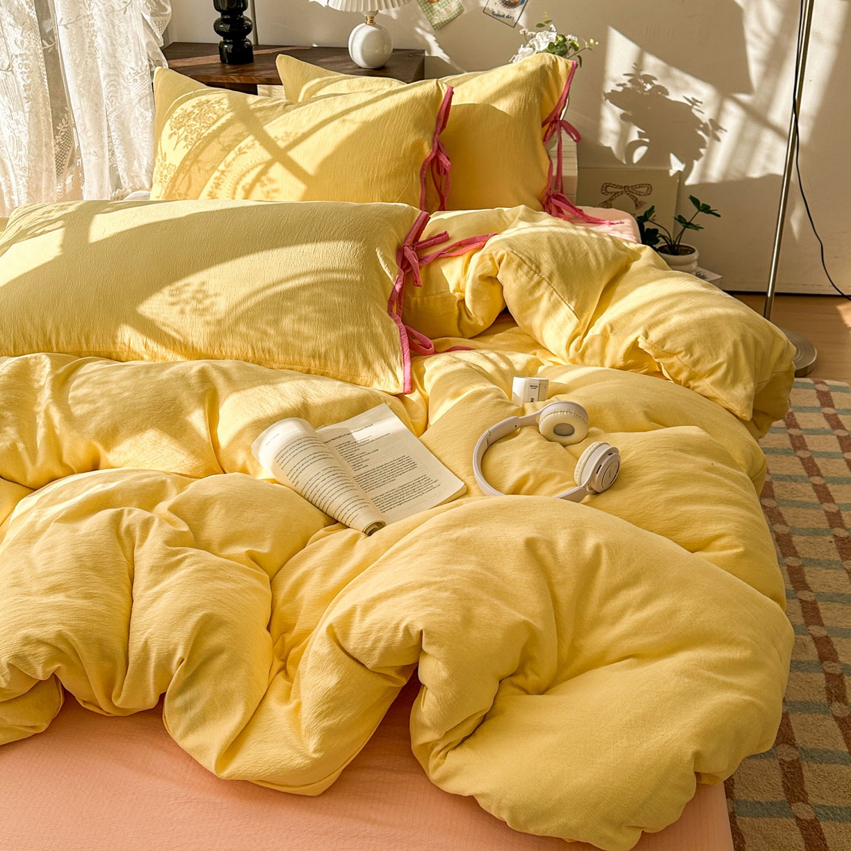 91家纺网 家纺一手货源 找家纺 花伞家居 2026新款小红书系带蝴蝶结双层纱四件套含买家秀 软果酱-茉莉黄玉