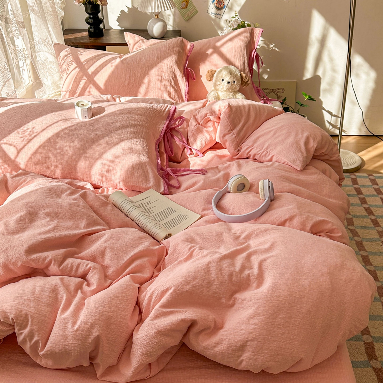 91家纺网 家纺一手货源 找家纺 花伞家居 2026新款小红书系带蝴蝶结双层纱四件套含买家秀 软果酱-玉