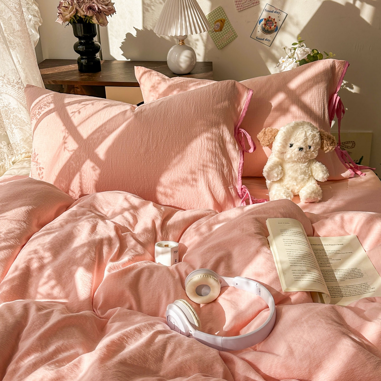 91家纺网 家纺一手货源 找家纺 花伞家居 2026新款小红书系带蝴蝶结双层纱四件套含买家秀 软果酱-玉