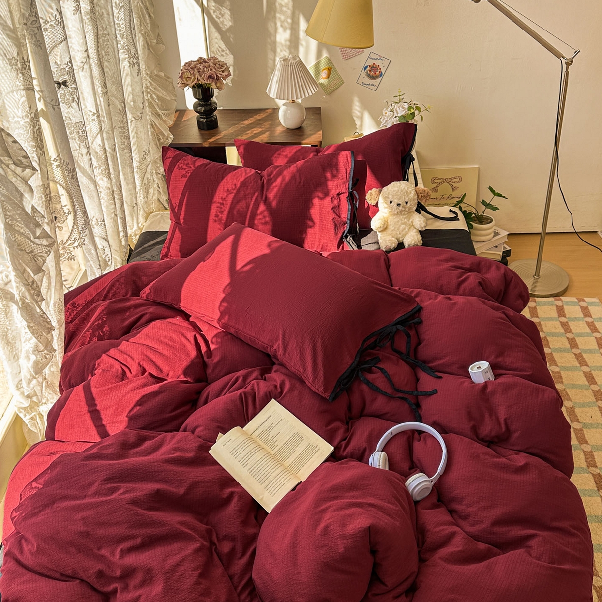 花伞家居 2026新款小红书系带蝴蝶结双层纱四件套含买家秀 软果酱-红黑