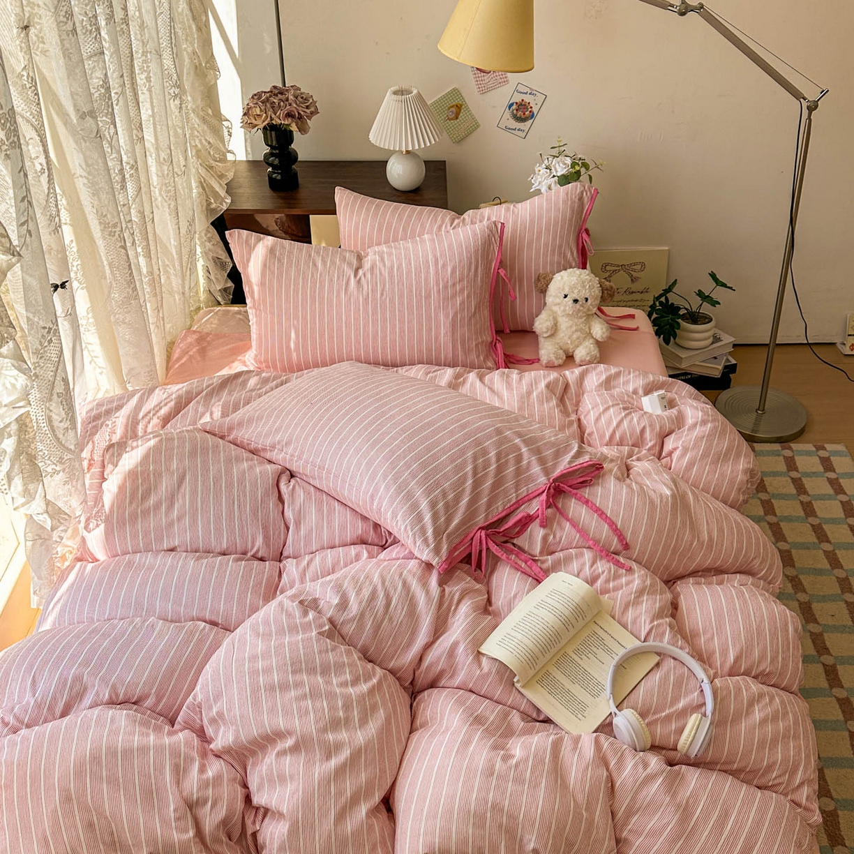 花伞家居 2026新款小红书系带蝴蝶结双层纱四件套含买家秀 软果酱-粉条纹