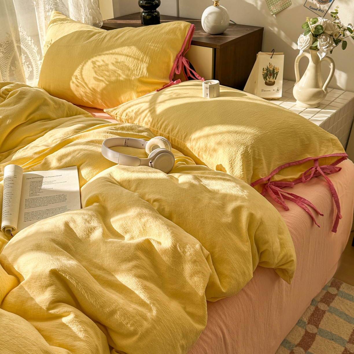 91家纺网 家纺一手货源 找家纺 花伞家居 2026新款小红书系带蝴蝶结双层纱四件套含买家秀 软果酱-茉莉黄玉