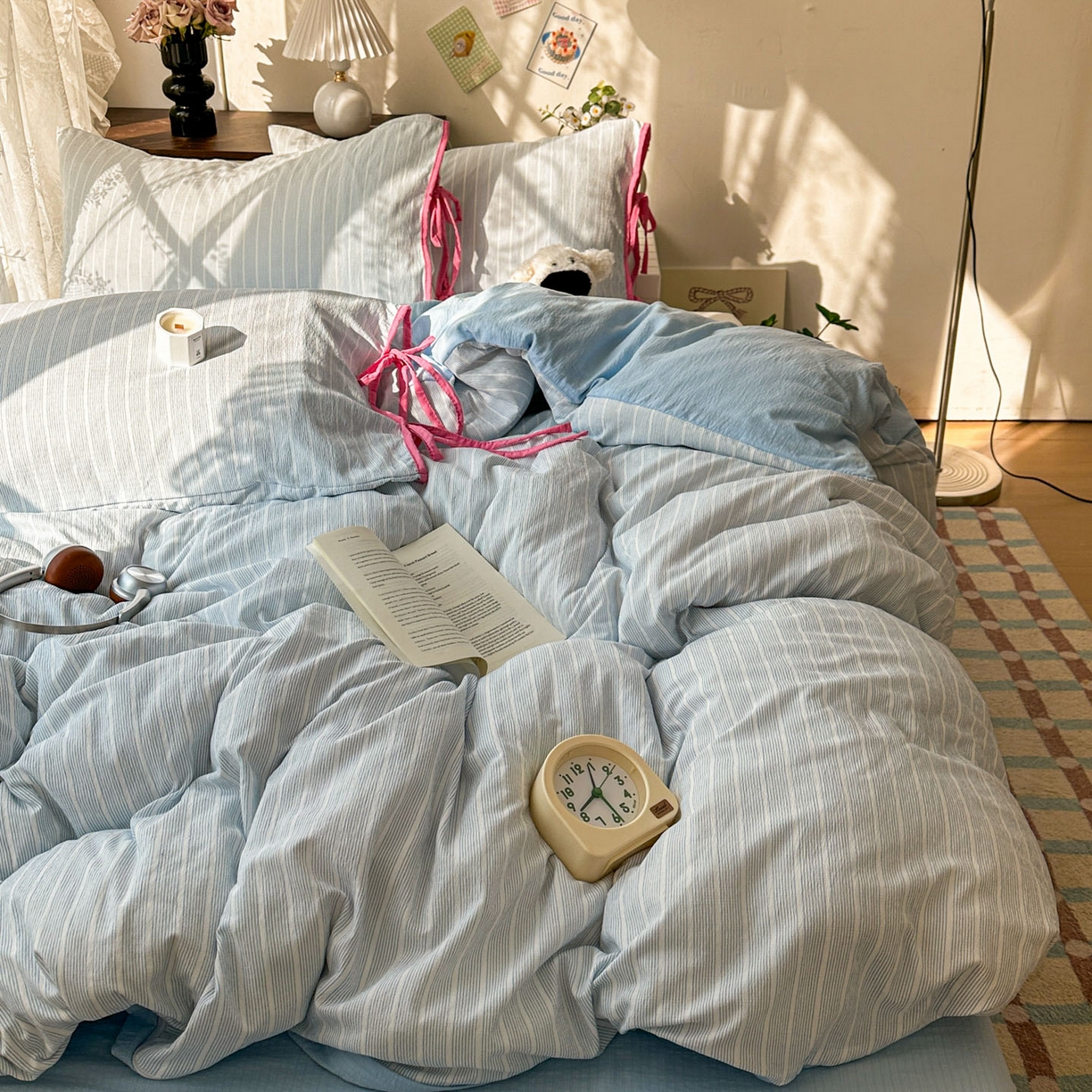 91家纺网 家纺一手货源 找家纺 花伞家居 2026新款小红书系带蝴蝶结双层纱四件套含买家秀 软果酱-蓝条纹