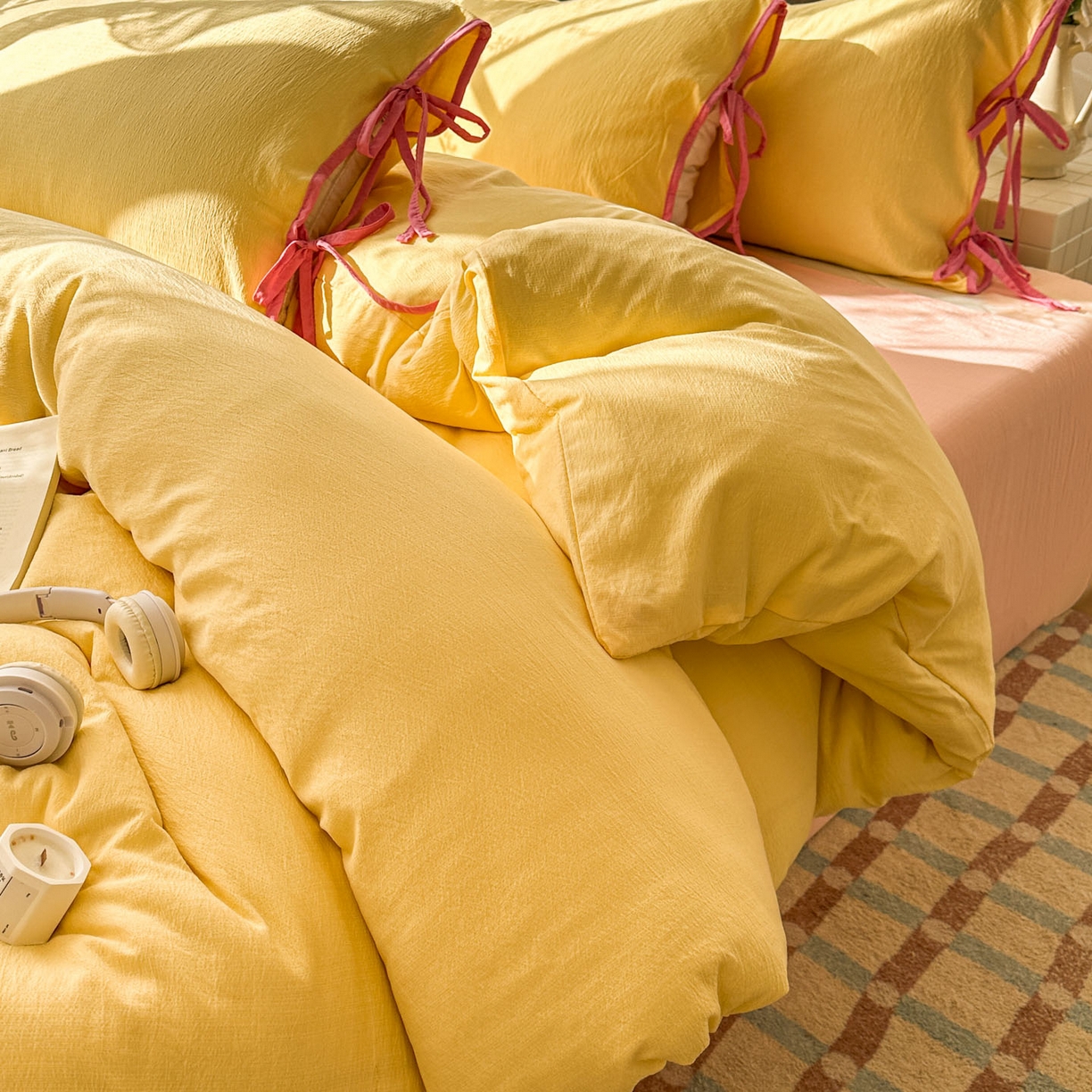 91家纺网 家纺一手货源 找家纺 花伞家居 2026新款小红书系带蝴蝶结双层纱四件套含买家秀 软果酱-茉莉黄玉