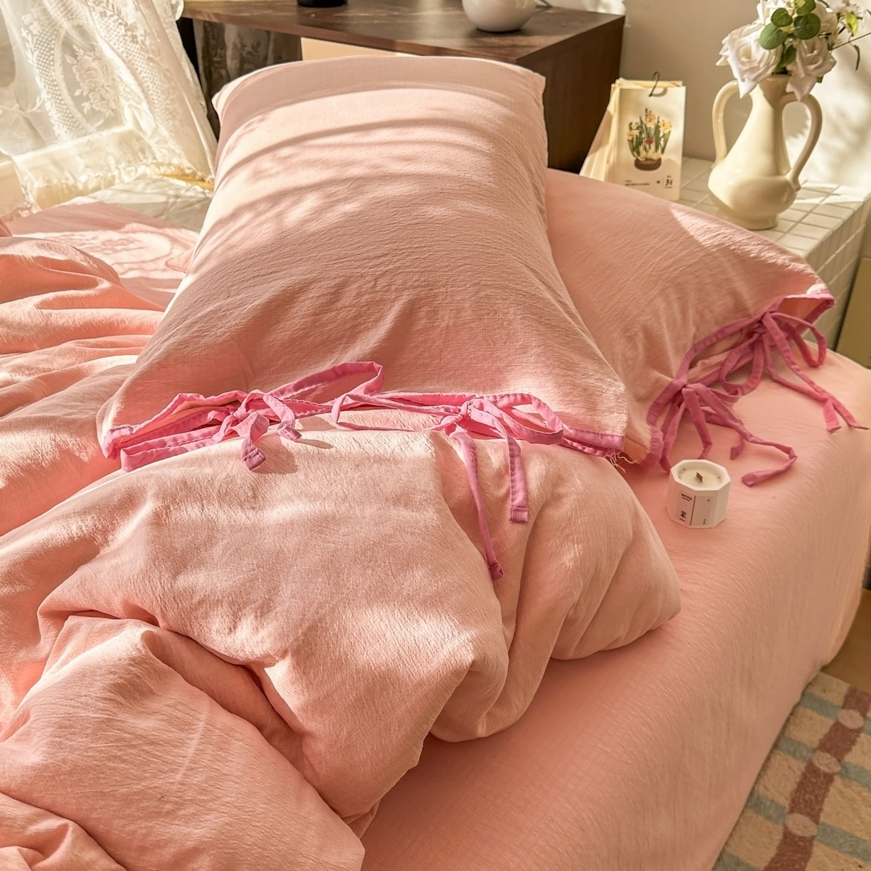 91家纺网 家纺一手货源 找家纺 花伞家居 2026新款小红书系带蝴蝶结双层纱四件套含买家秀 软果酱-玉