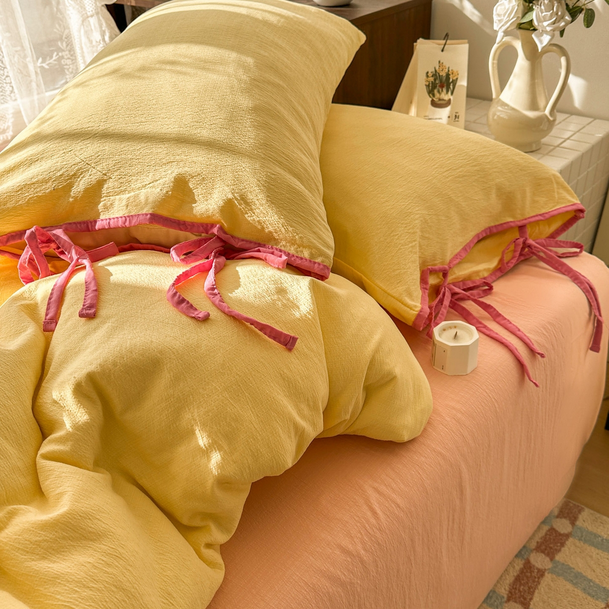 91家纺网 家纺一手货源 找家纺 花伞家居 2026新款小红书系带蝴蝶结双层纱四件套含买家秀 软果酱-茉莉黄玉