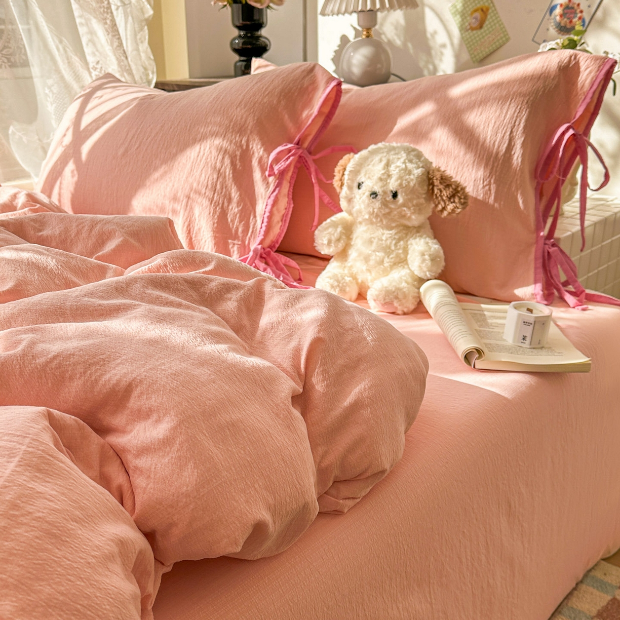 91家纺网 家纺一手货源 找家纺 花伞家居 2026新款小红书系带蝴蝶结双层纱四件套含买家秀 软果酱-玉