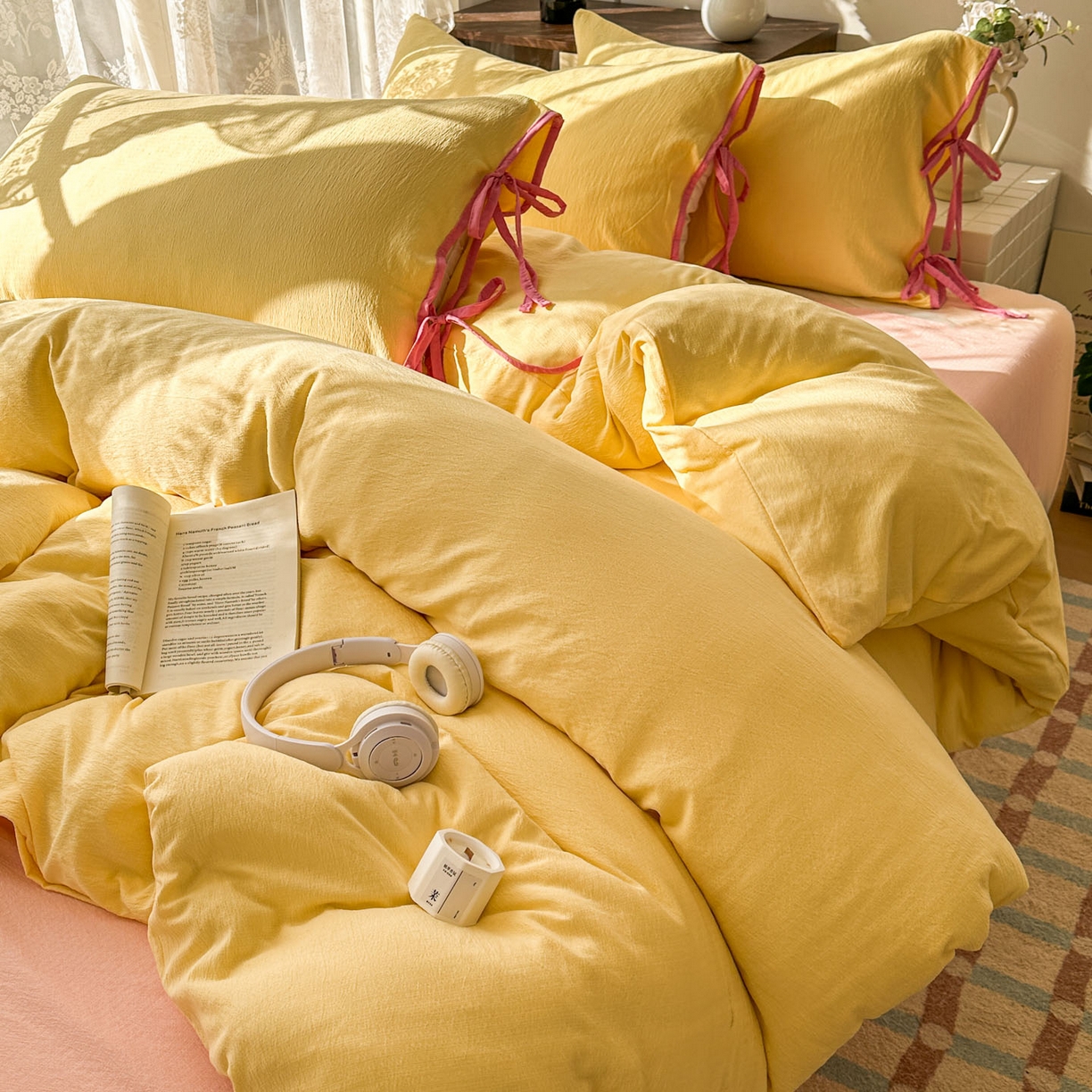 91家纺网 家纺一手货源 找家纺 花伞家居 2026新款小红书系带蝴蝶结双层纱四件套含买家秀 软果酱-茉莉黄玉