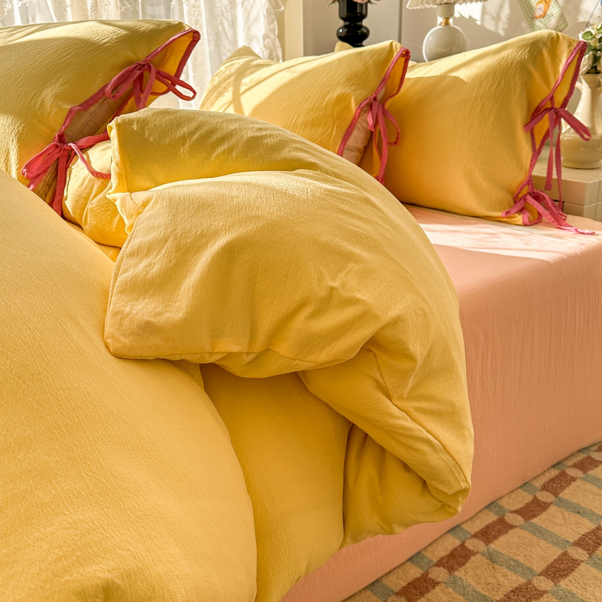 91家纺网 家纺一手货源 找家纺 花伞家居 2026新款小红书系带蝴蝶结双层纱四件套含买家秀 软果酱-茉莉黄玉