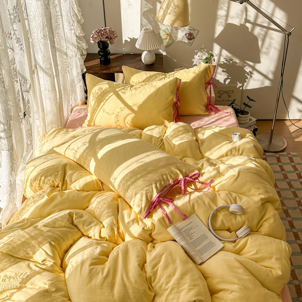 91家纺网 家纺一手货源 找家纺 （总）花伞家居 2026新款小红书系带蝴蝶结双层纱四件套含买家秀