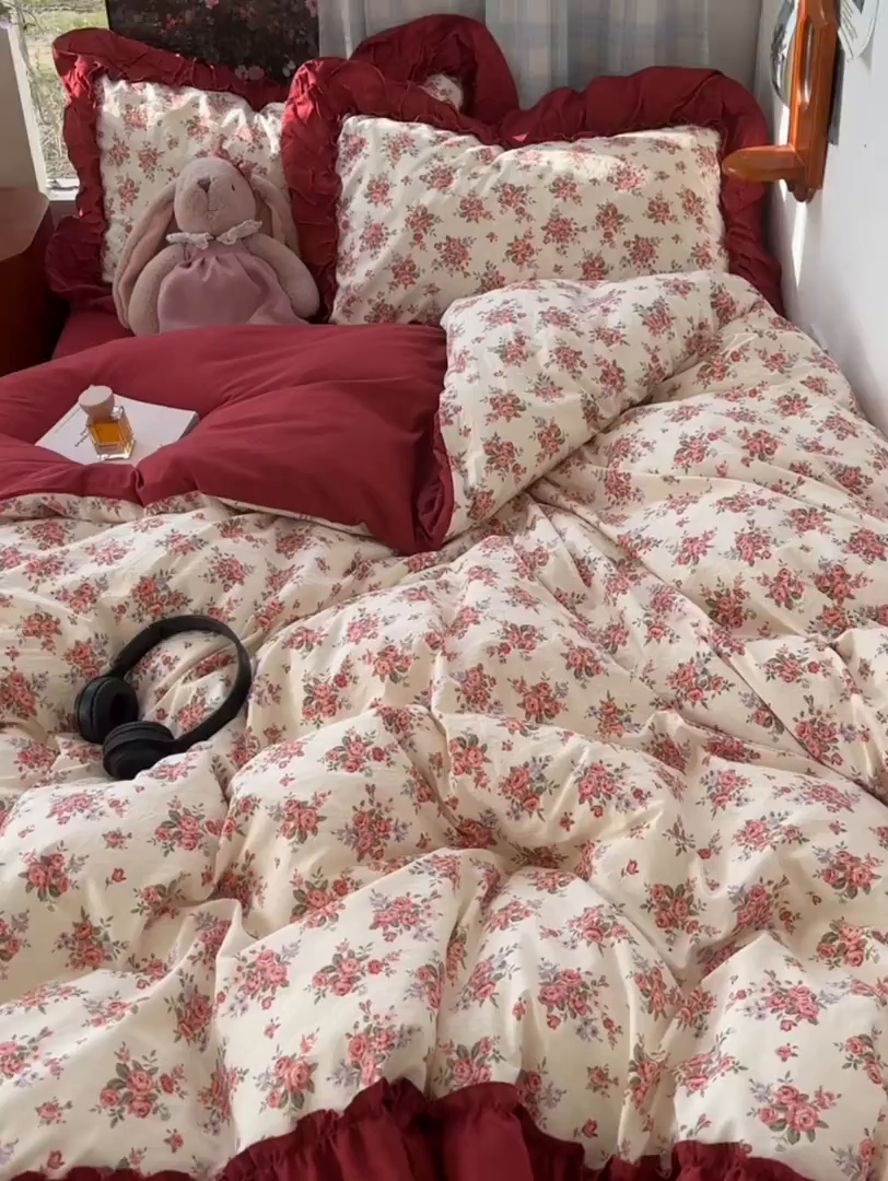 91家纺网 家纺一手货源 找家纺 花伞家居 2026新款韩系复古碎花古法水洗棉大花边四件套含买家秀 霓裳-白