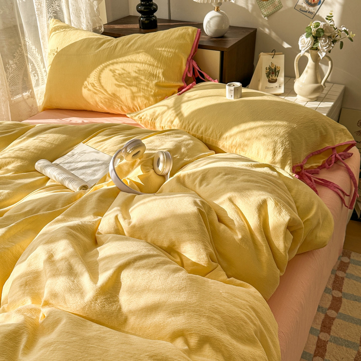 91家纺网 家纺一手货源 找家纺 花伞家居 2026新款小红书系带蝴蝶结双层纱四件套含买家秀 软果酱-茉莉黄玉