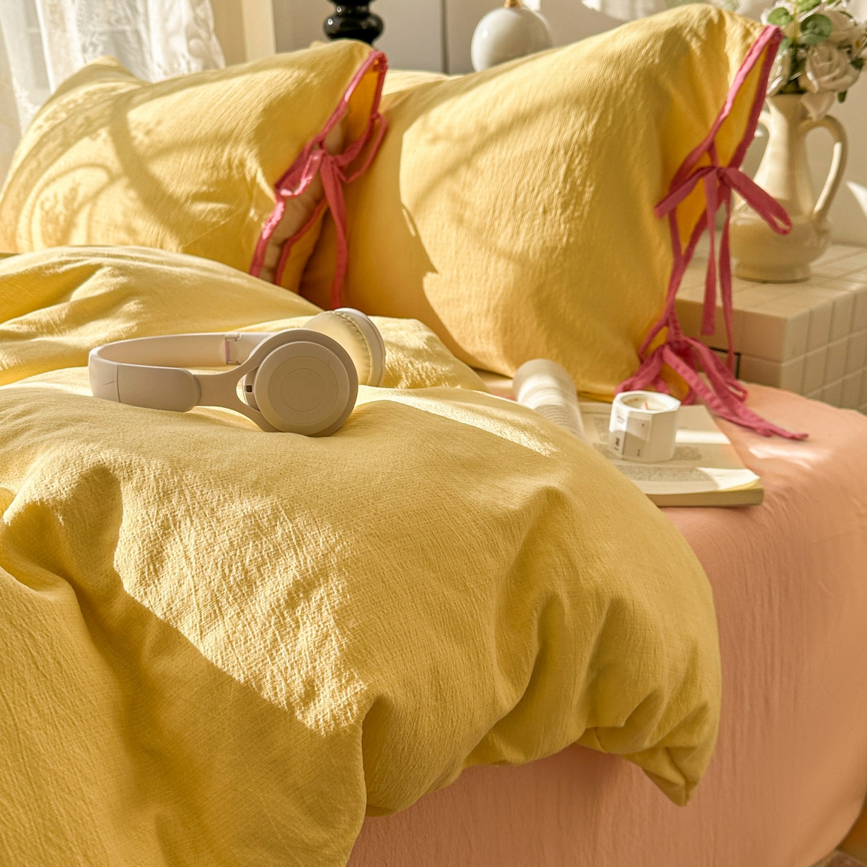 91家纺网 家纺一手货源 找家纺 花伞家居 2026新款小红书系带蝴蝶结双层纱四件套含买家秀 软果酱-茉莉黄玉